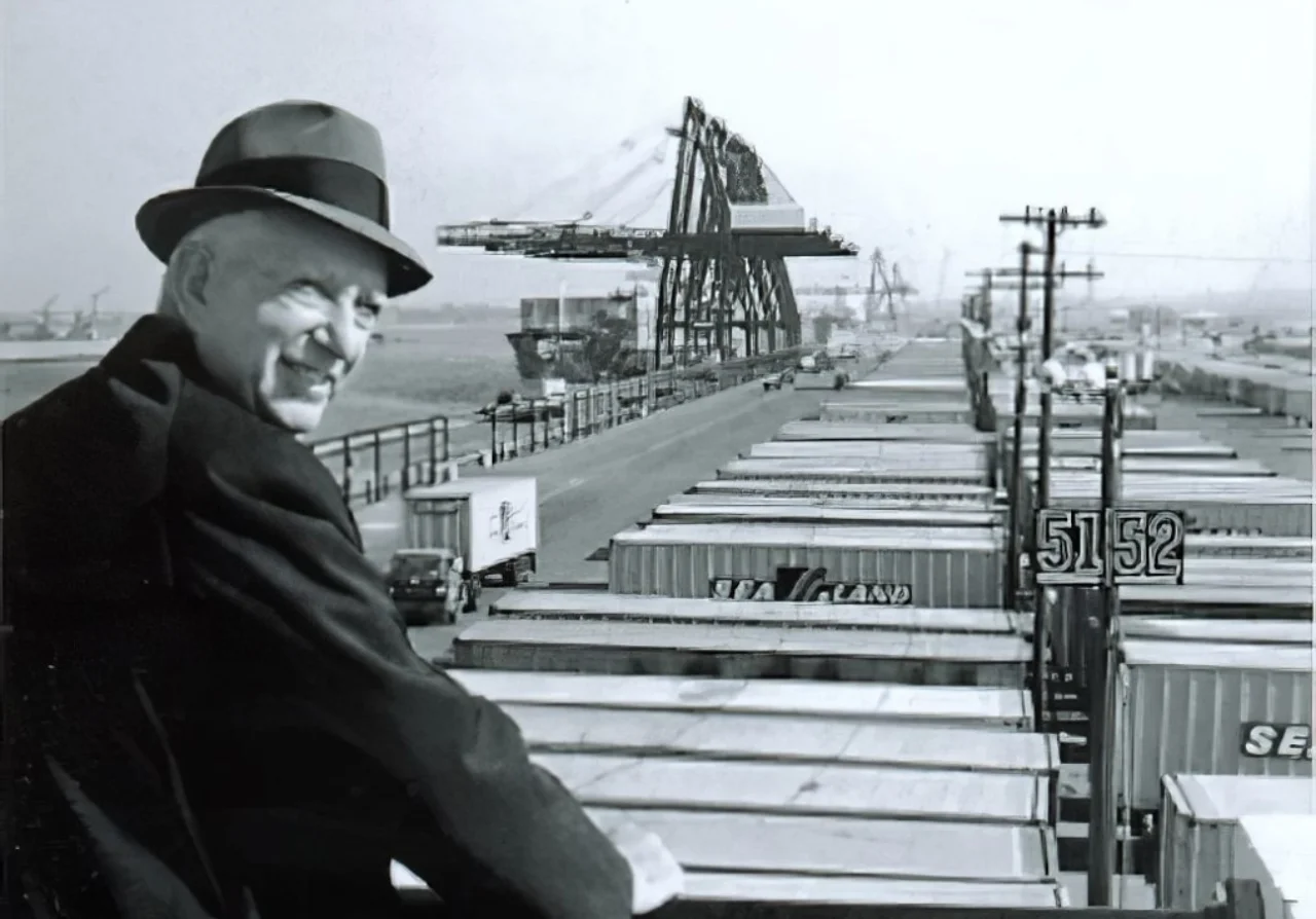 Malcolm McLean at railing, Port Elizabeth, mid-1960s (source: Maersk)