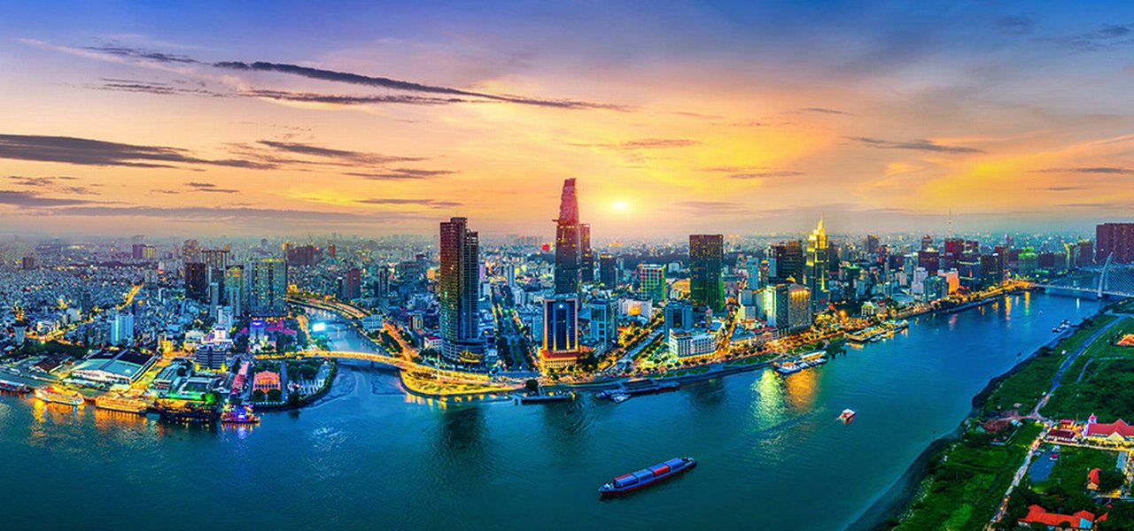 Panorama of Ho Chi Minh City or Saigon City at dusk in Vietnam