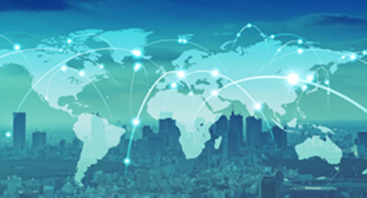 A worldmap with connected dots depicting trade routes