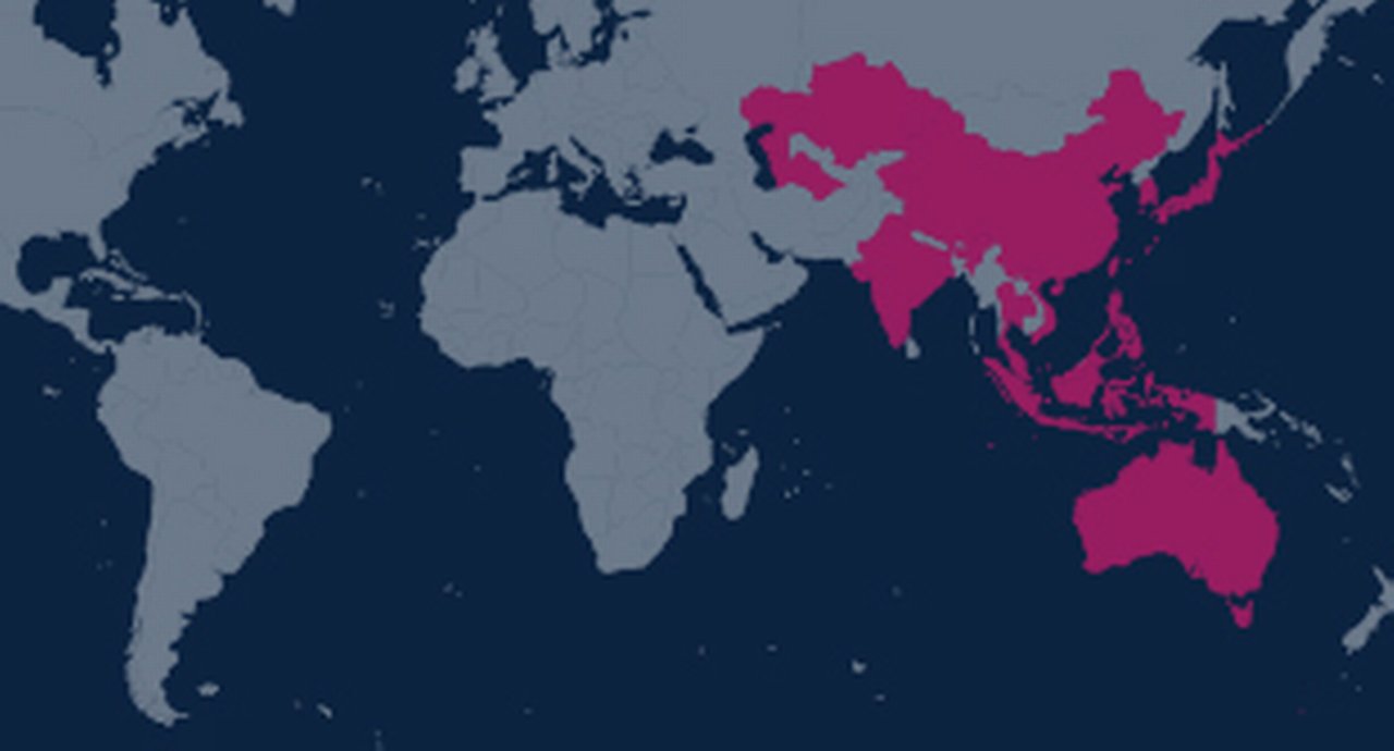 Worldmap with Asia highlighted in magenta