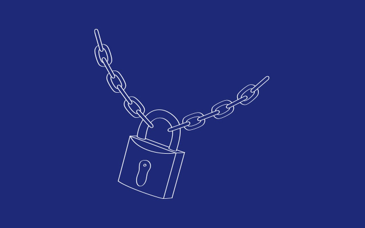 Schematic illustration of a lock on a chain on a dark blue background