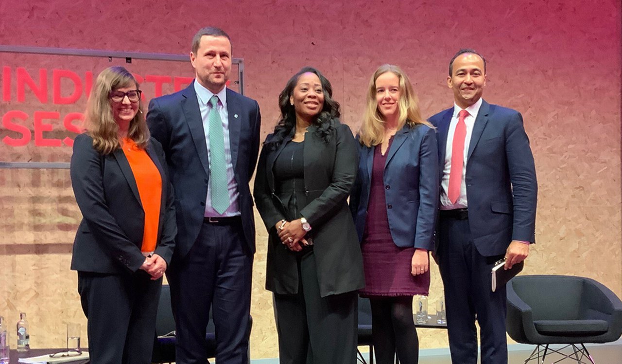 Left to right: Kimberley Long (The Banker – moderator); Kai Fehr (Standard Chartered); Willayna Banner (Microsoft); Marion Laboure (Deutsche Bank); and Vina Mendonca (HSBC). Note that Citi’s Ope Olomo joined by video link