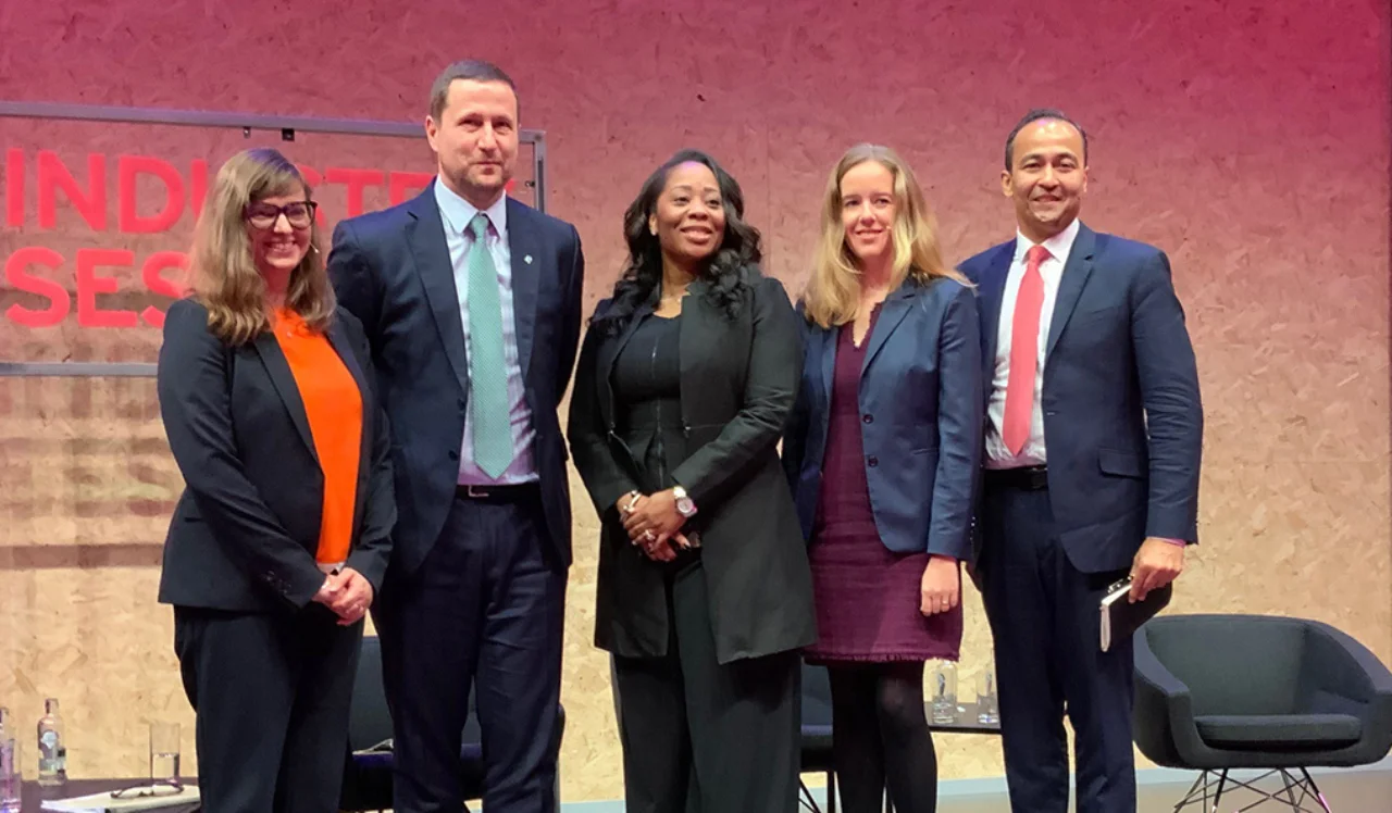 Left to right: Kimberley Long (The Banker – moderator); Kai Fehr (Standard Chartered); Willayna Banner (Microsoft); Marion Laboure (Deutsche Bank); and Vina Mendonca (HSBC). Note that Citi’s Ope Olomo joined by video link