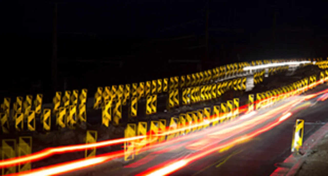 Long exposure of a motorway construction site at night
