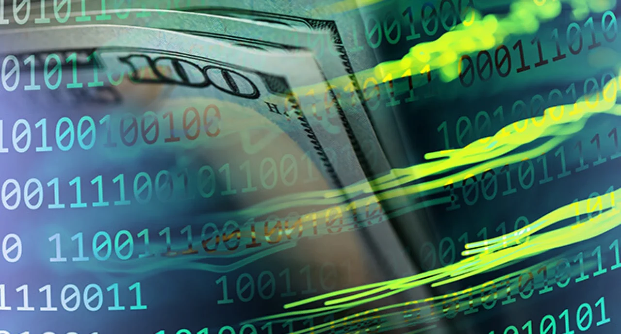 Binary Code Background With Dollar Banknotes