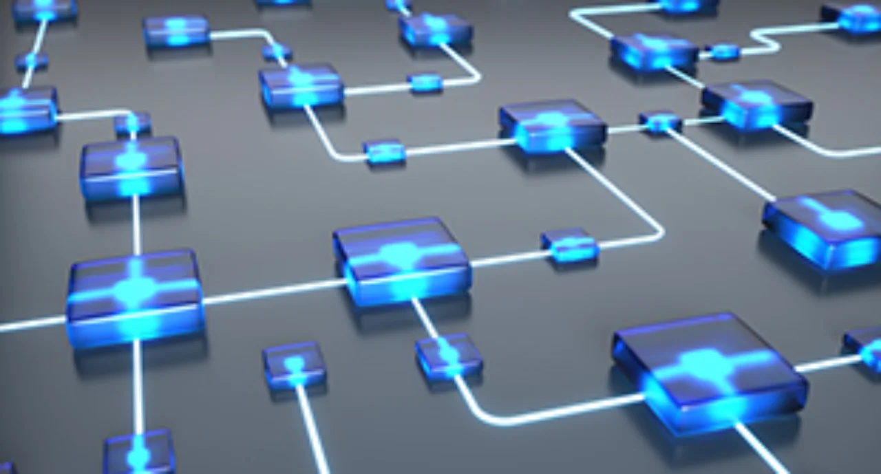a circuit board containing of luminous blue nodes connected with with glowing circuits