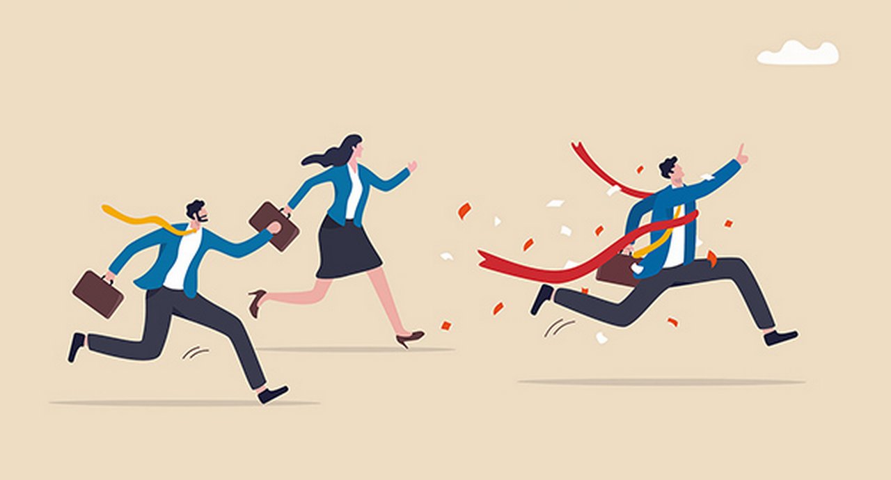 Three illustrated people running