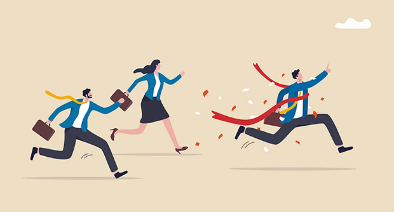 Three illustrated people running