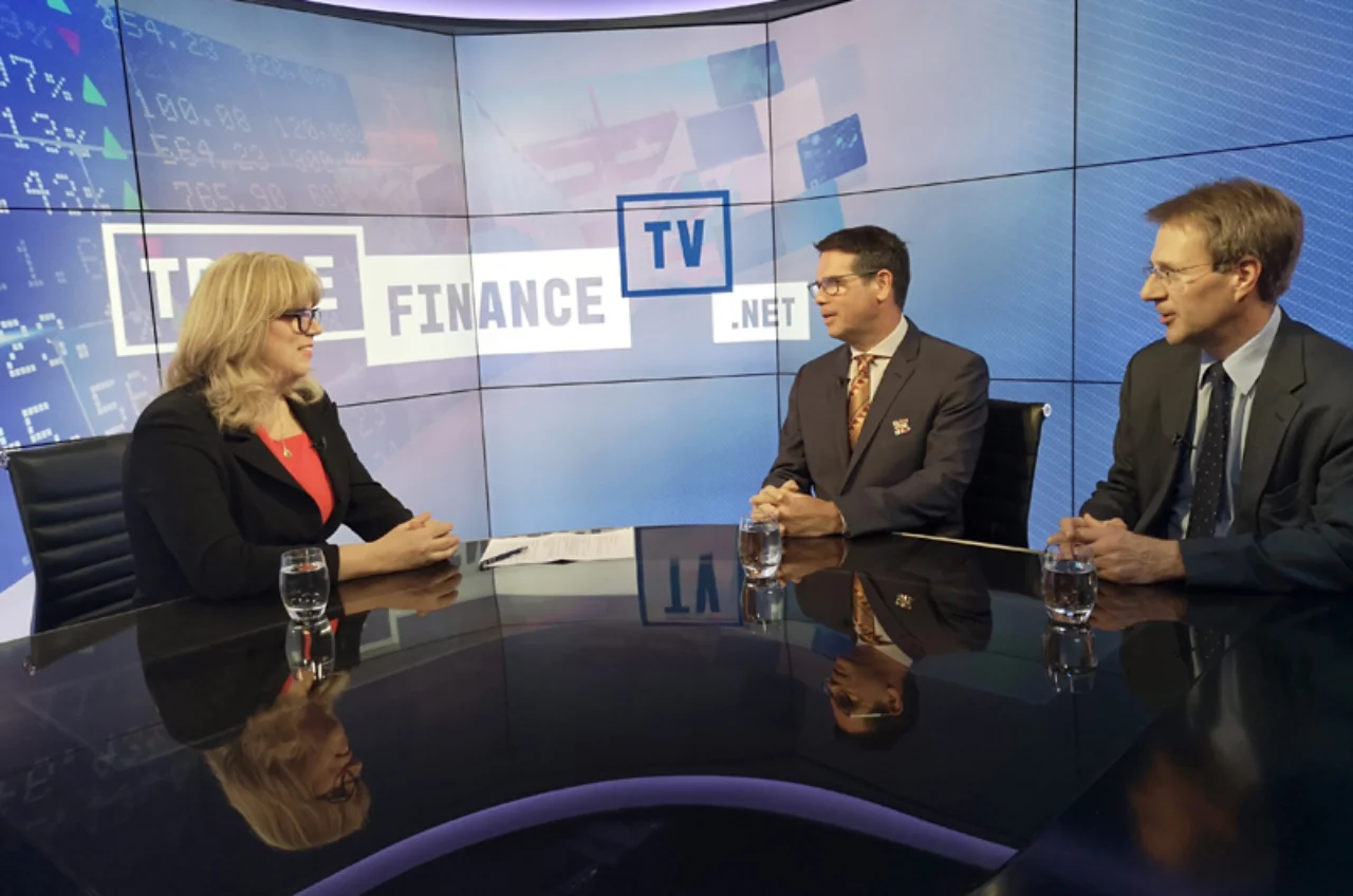 Trade Finance TV Presenter Clarissa Dann with Contracta Engenharia CEO Fabio Camara and Deutsche Bank's Head of Structured Trade and Export Finance UK, James Pumphrey
