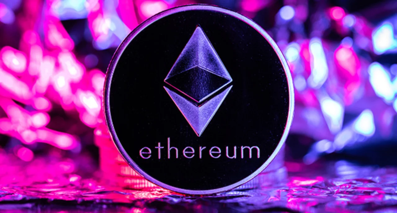 Ethereum cryptocurrency, physical coin in front of an abstract background