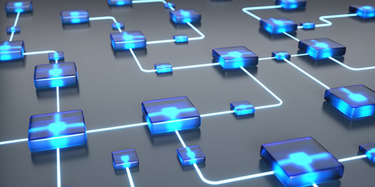 A circuit board containing of luminous blue nodes connected with with glowing circuits