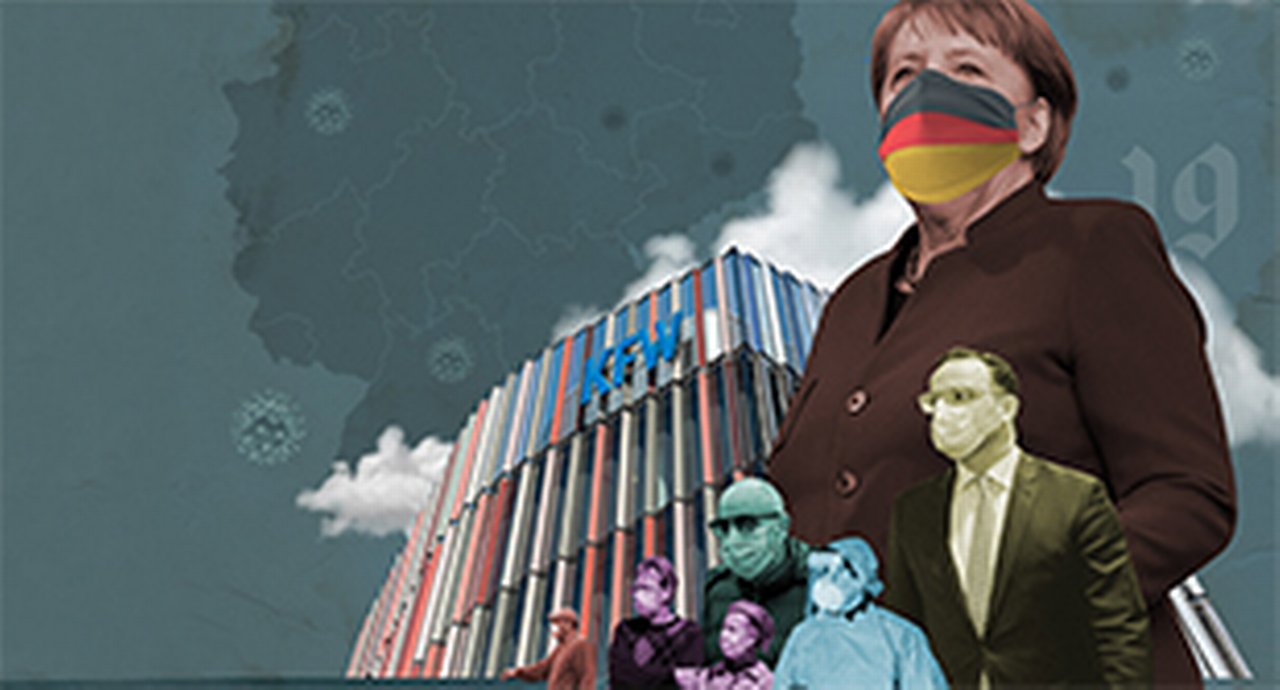 Germany's chancellor Dr. Merkel with mask and several ministers against containers as backdrop