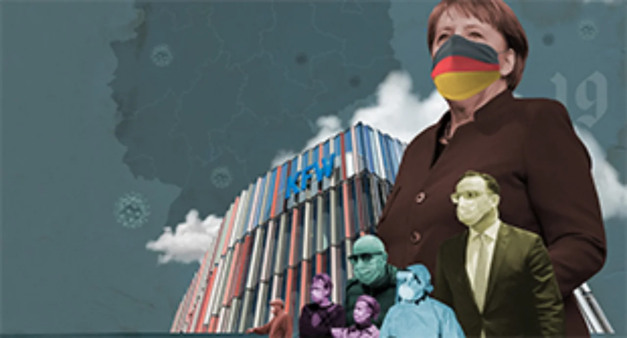 Germany's chancellor Dr. Merkel with mask and several ministers against containers as backdrop