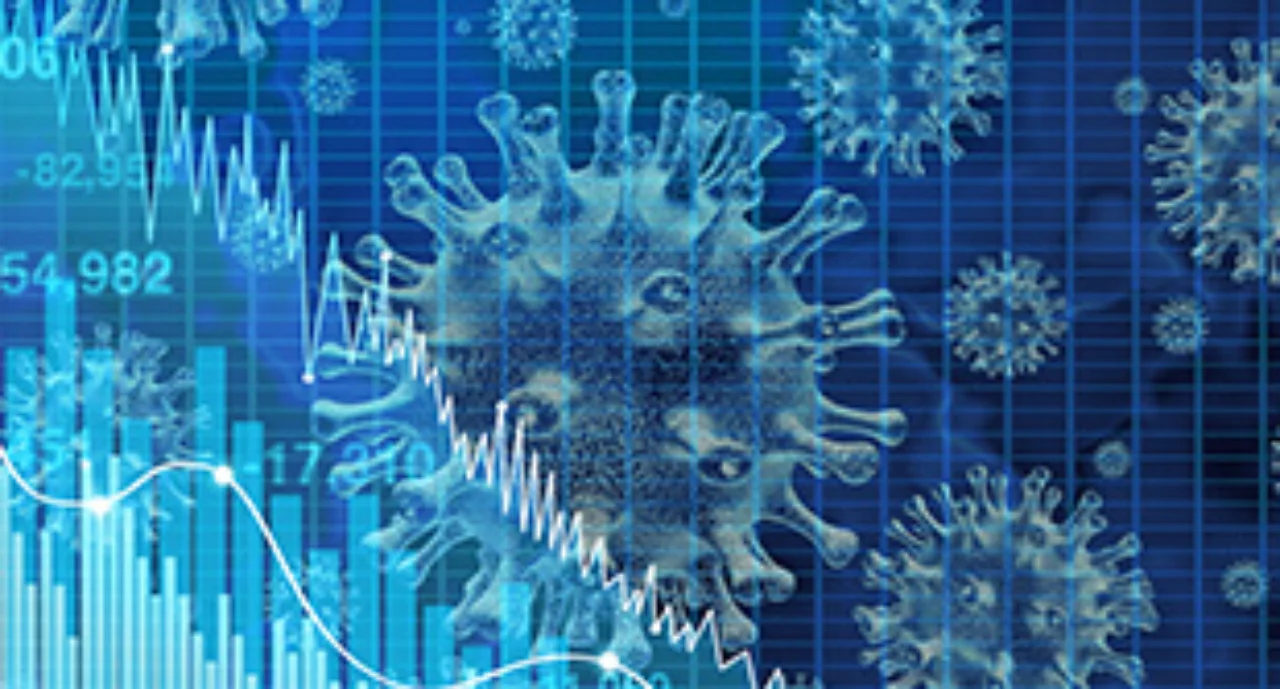 abstract image of a virus pressing down a share price graph