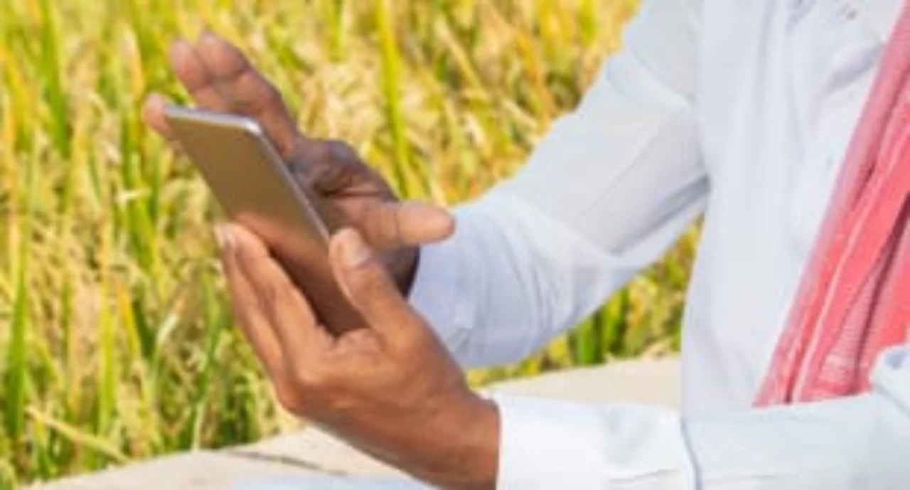 Close up of Indian famer Hands using mobile near agricultural farm land