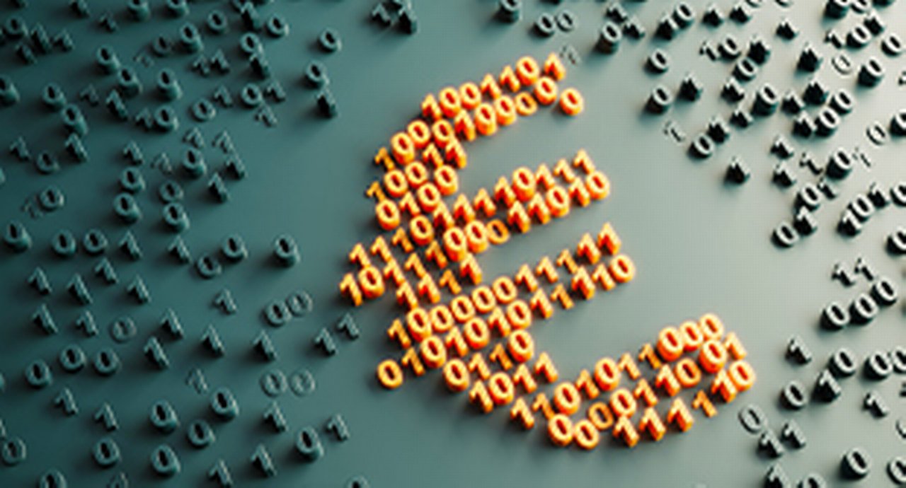 Euro symbol with binary codes. (3d render)