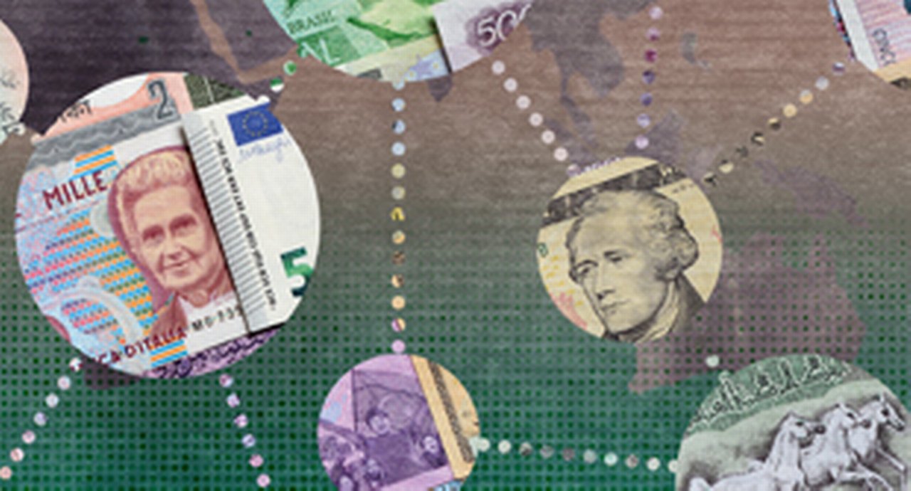 A globe depicting various currencies and their relations to each other