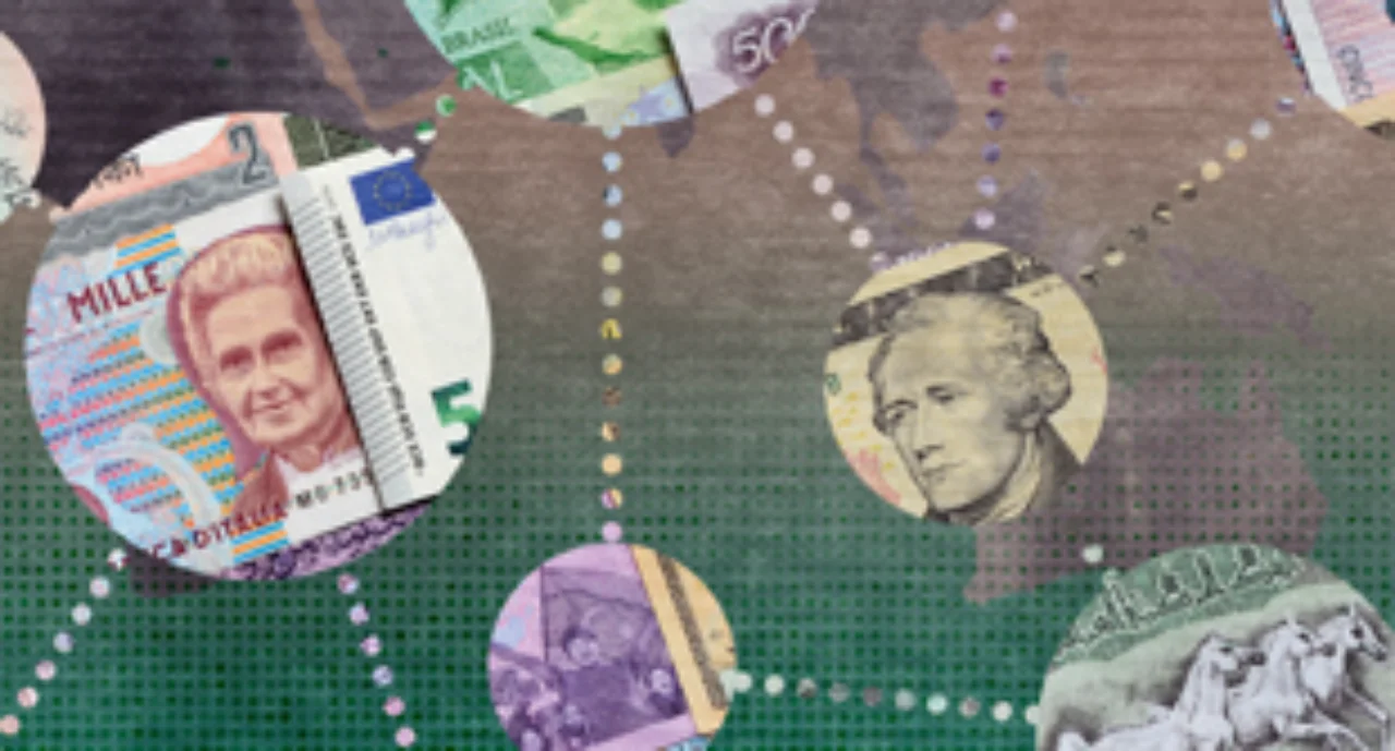 A globe depicting various currencies and their relations to each other