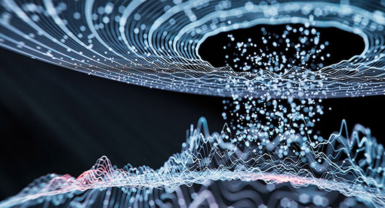 Digital representation of particles floating upward into a circlular mass