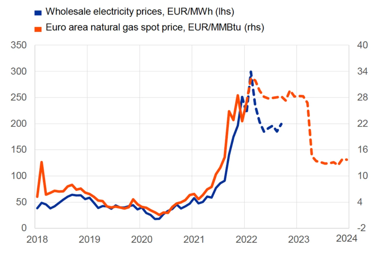 Figure 1: Wholesale and future prices for electricity and natural gas in the euro area