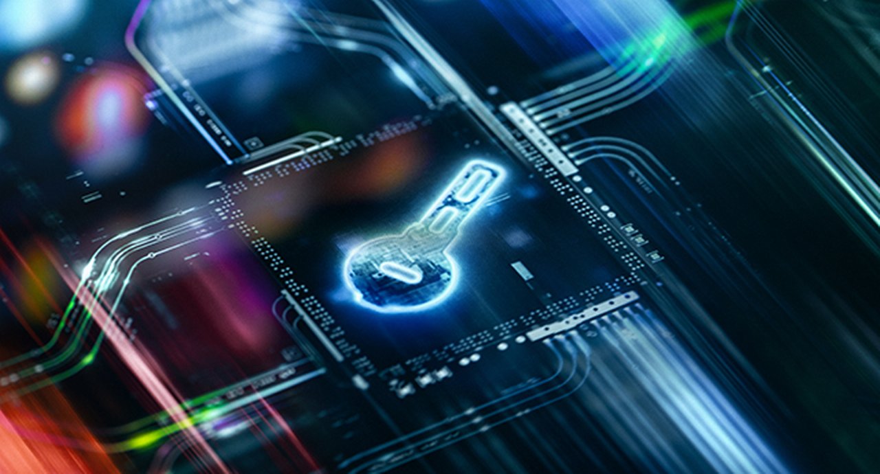 Glowing Digital Key Icon as Cyber Security And Data Protection Background, symbolizing data safety, encryption, and secure networks in a high-tech environment.