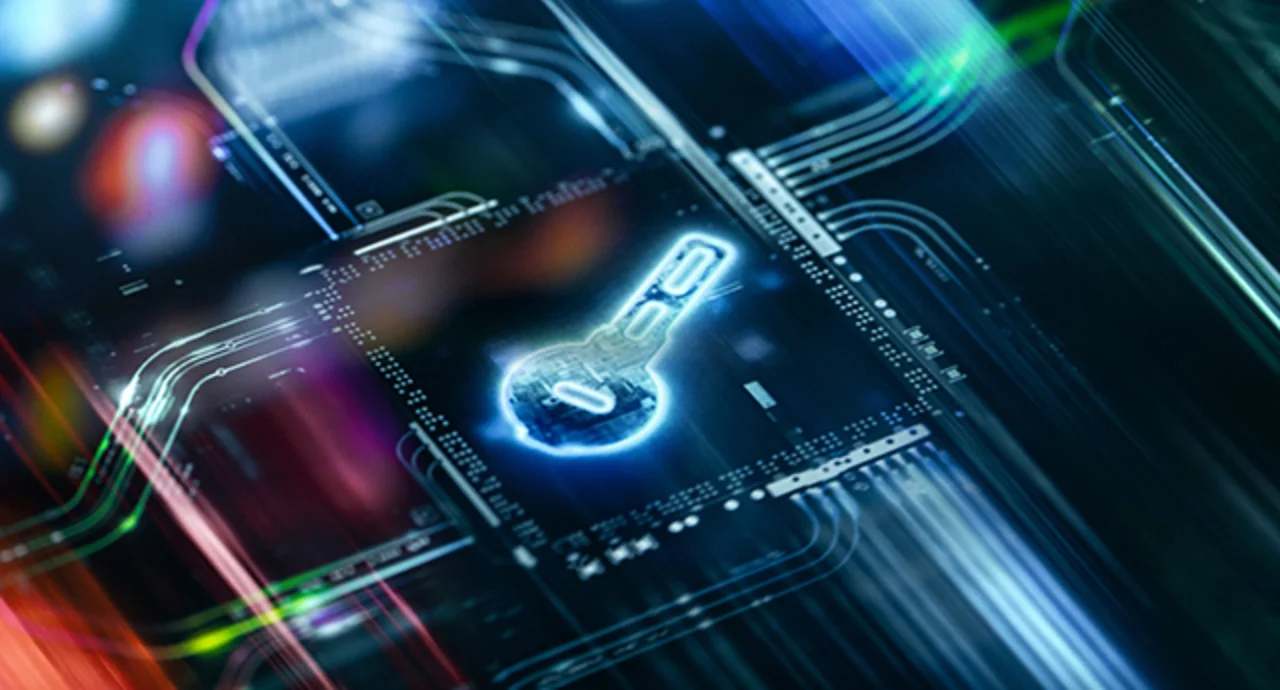 Glowing Digital Key Icon as Cyber Security And Data Protection Background, symbolizing data safety, encryption, and secure networks in a high-tech environment.