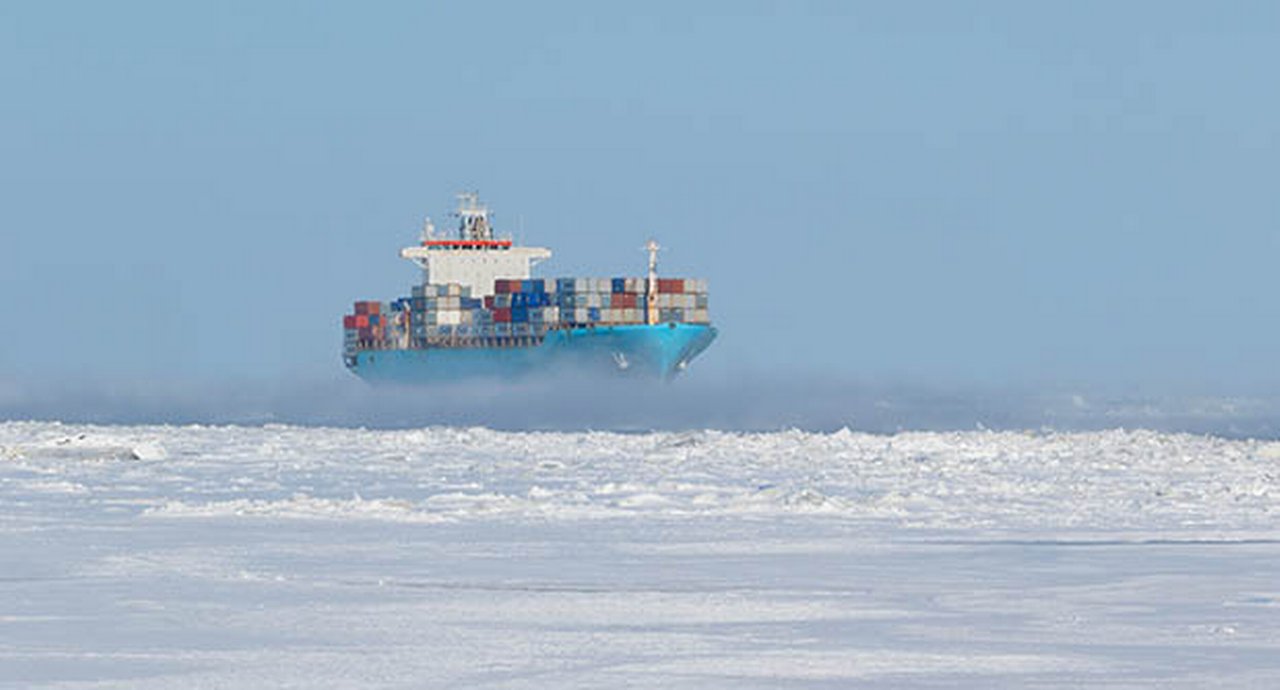 Container Ship On Icy Waters
