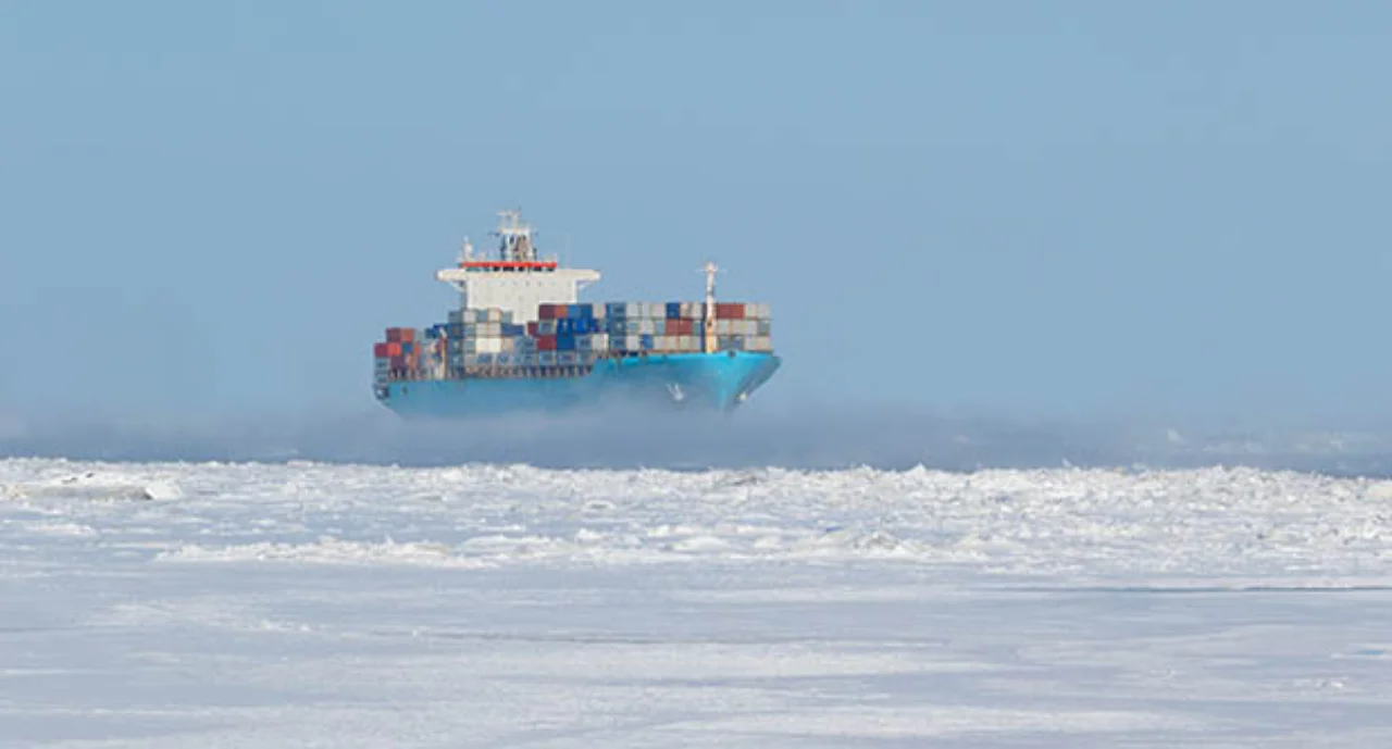 Container Ship On Icy Waters