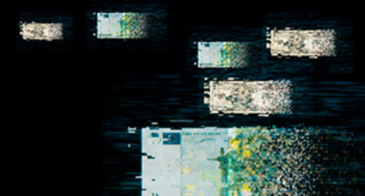 Pixelated 100 euro note representing the digital euro