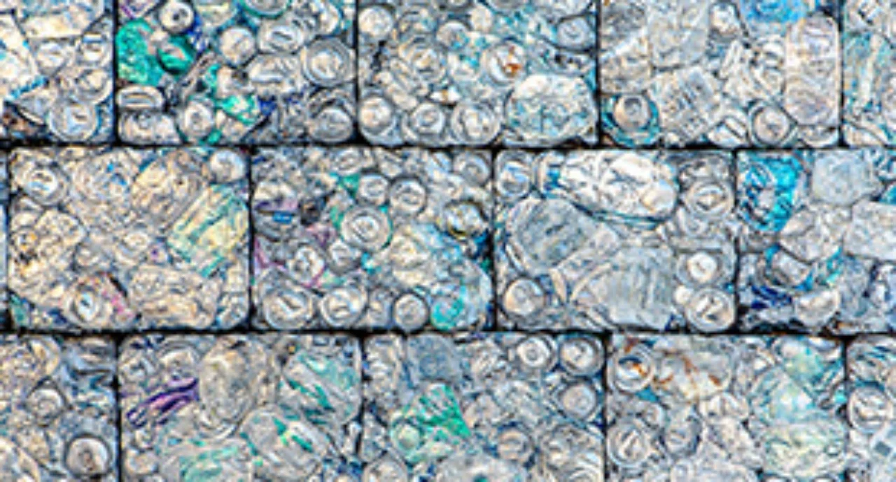 A wall of crushed aluminum cans recycled into building blocks