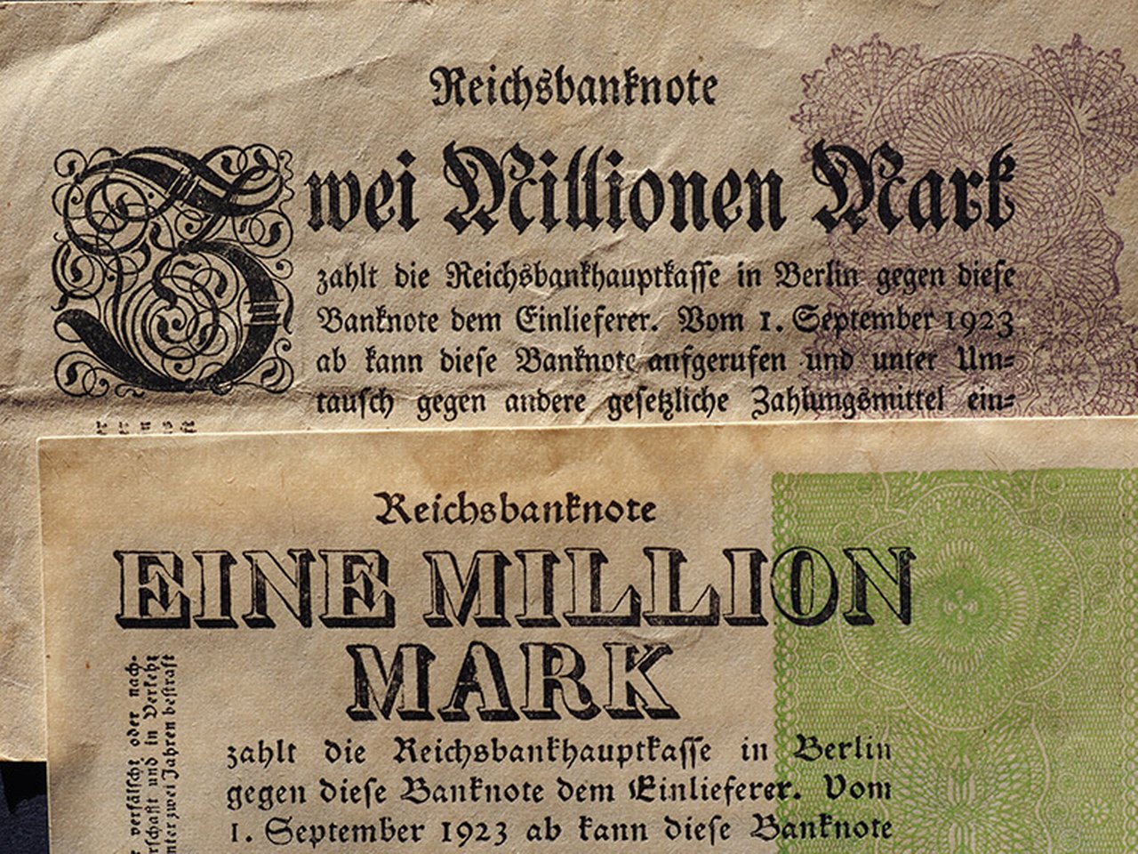 One and two million mark banknotes from the Weimar Republic, Germany in 1923