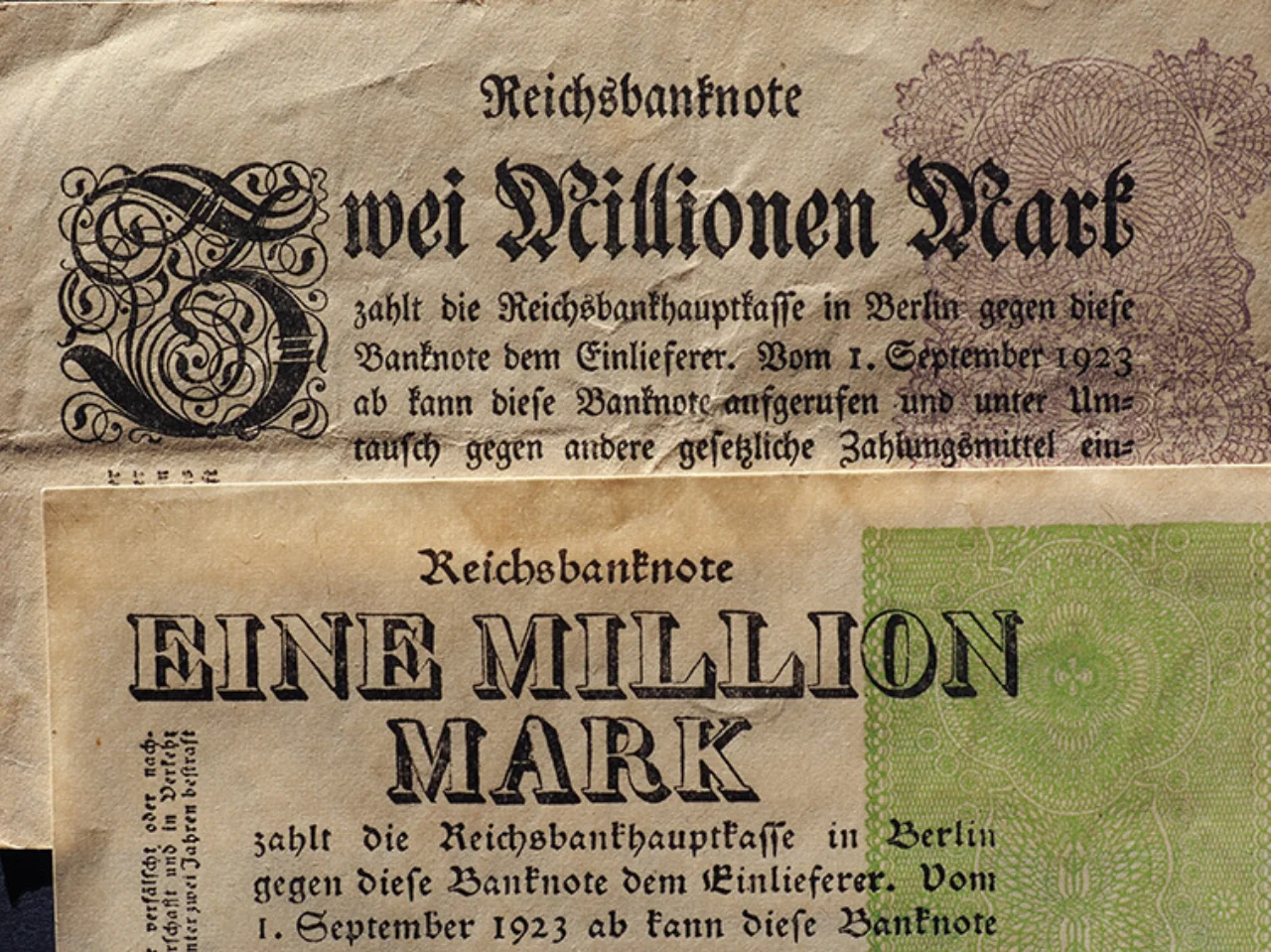 One and two million mark banknotes from the Weimar Republic, Germany in 1923
