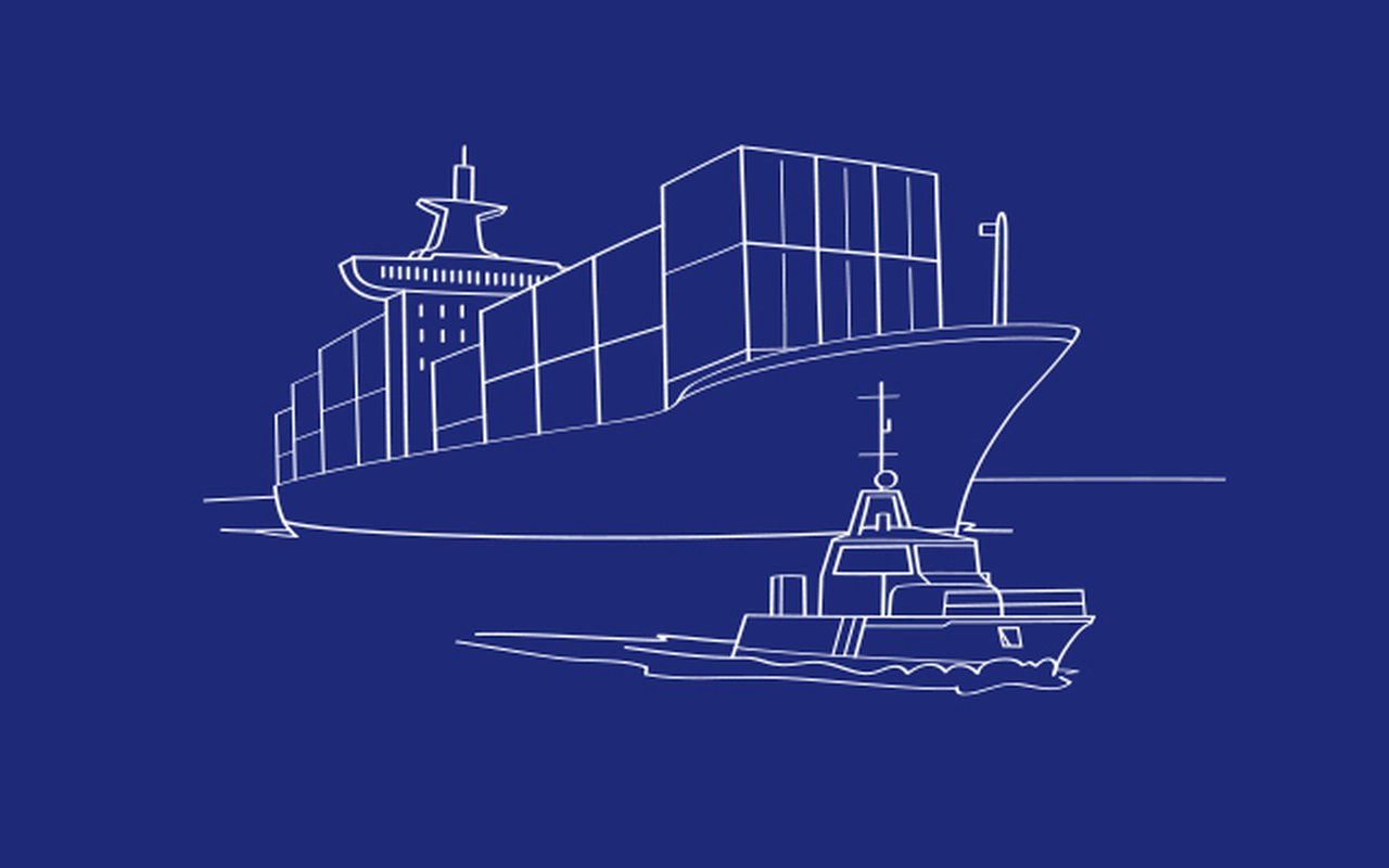 schematically depicted container ship and butterfly on a dark blue background
