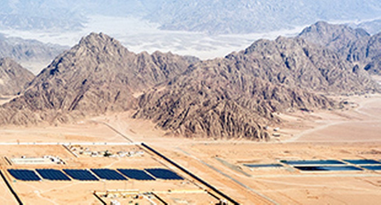Solar panels in the desert of the peninsula Sinai near Scharm El-Scheich, Egypt