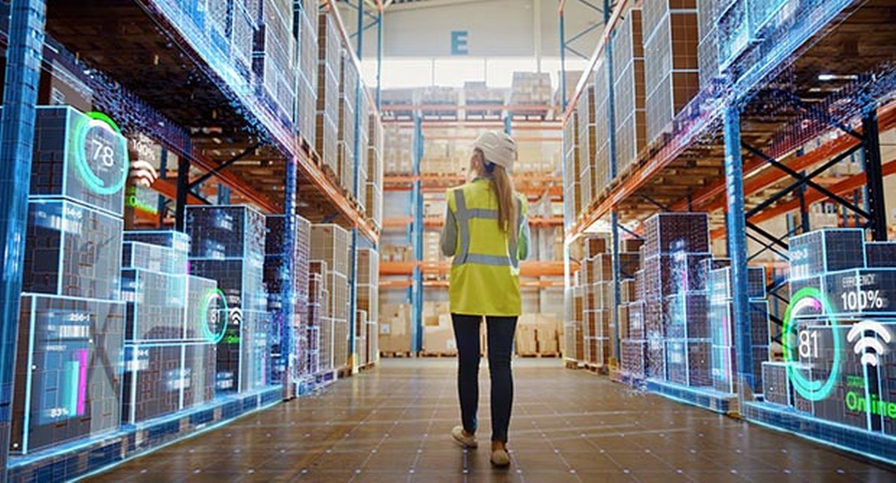 Futuristic technology retail warehouse: worker makes inventory walks as digitization process analyzes goods, cartons, products with delivery infographics in logistics