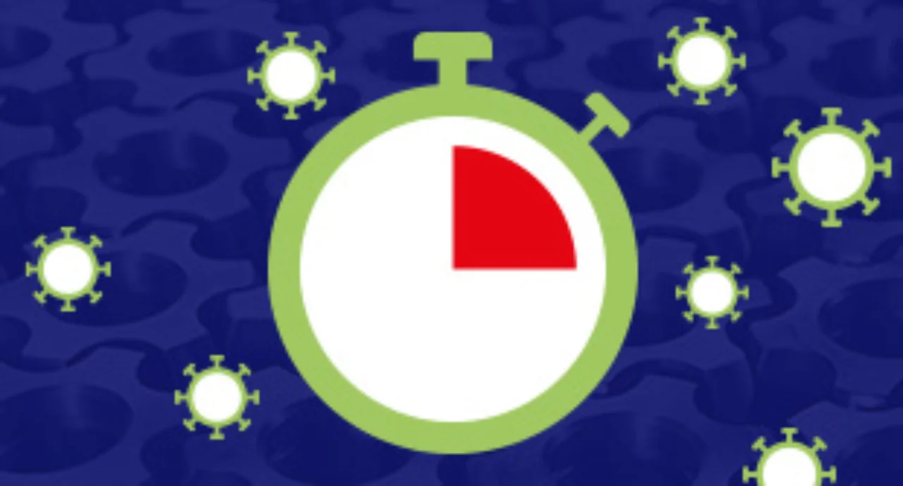 a cartoon stop watch depicting a red quarter surrounded by viruses