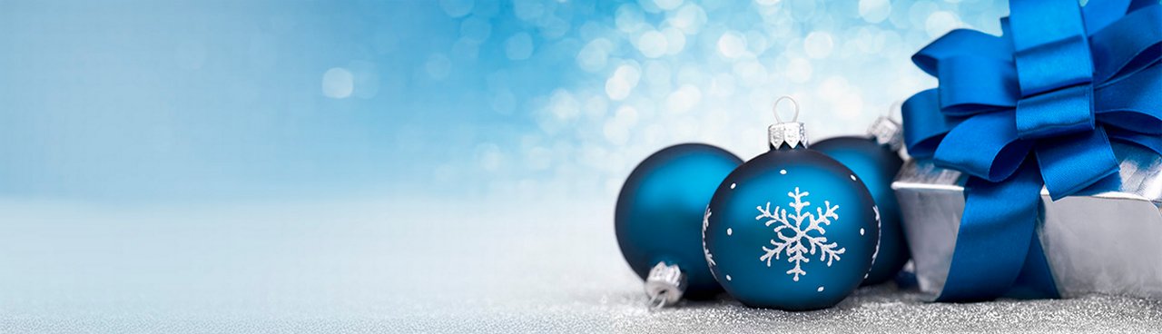 Blue christmas baubles with a present