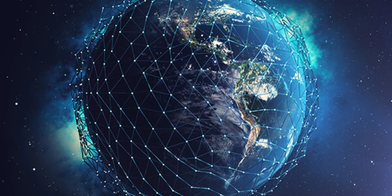 A globe with an overlay of linked digital nodes