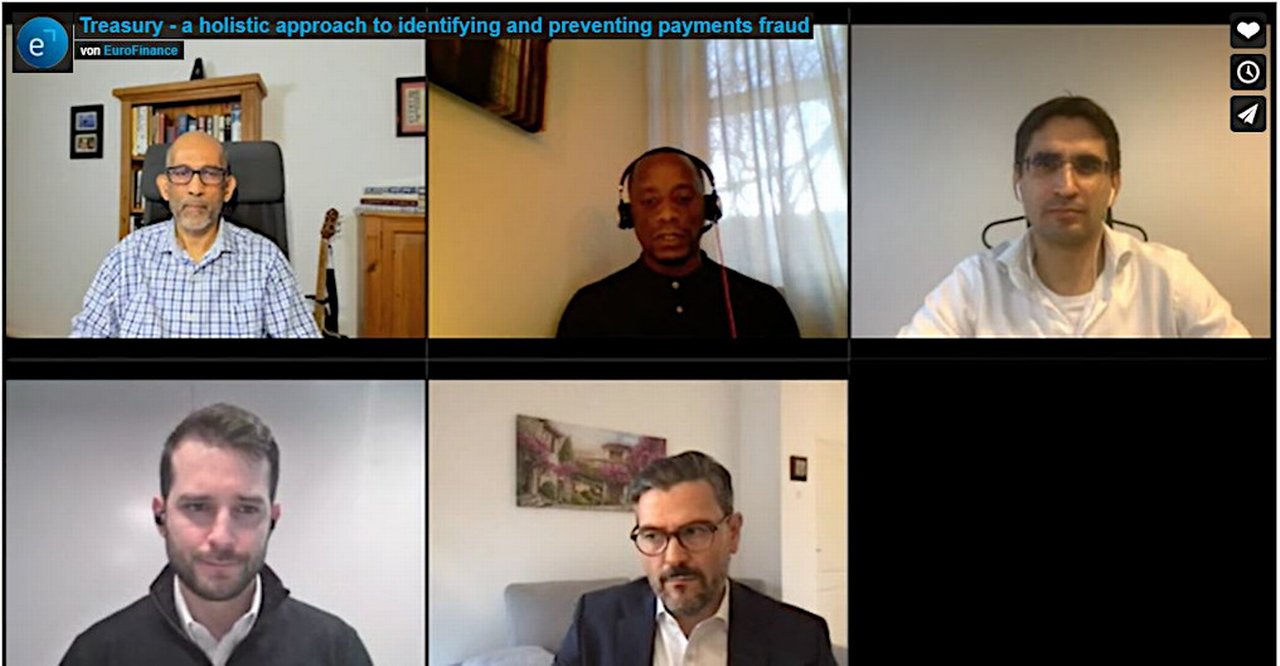 Webinar 'Treasury: a holistic approach to identifying and preventing payments fraud on 16 December 2021' panelists screenshot
