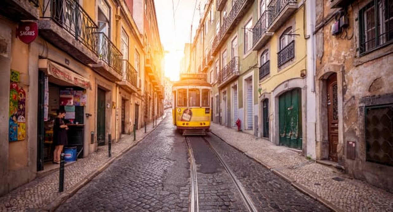 View of the historic city of Lisbon in Portugal with the famous tram 28 and the funiculars that take locals and tourists up and down.