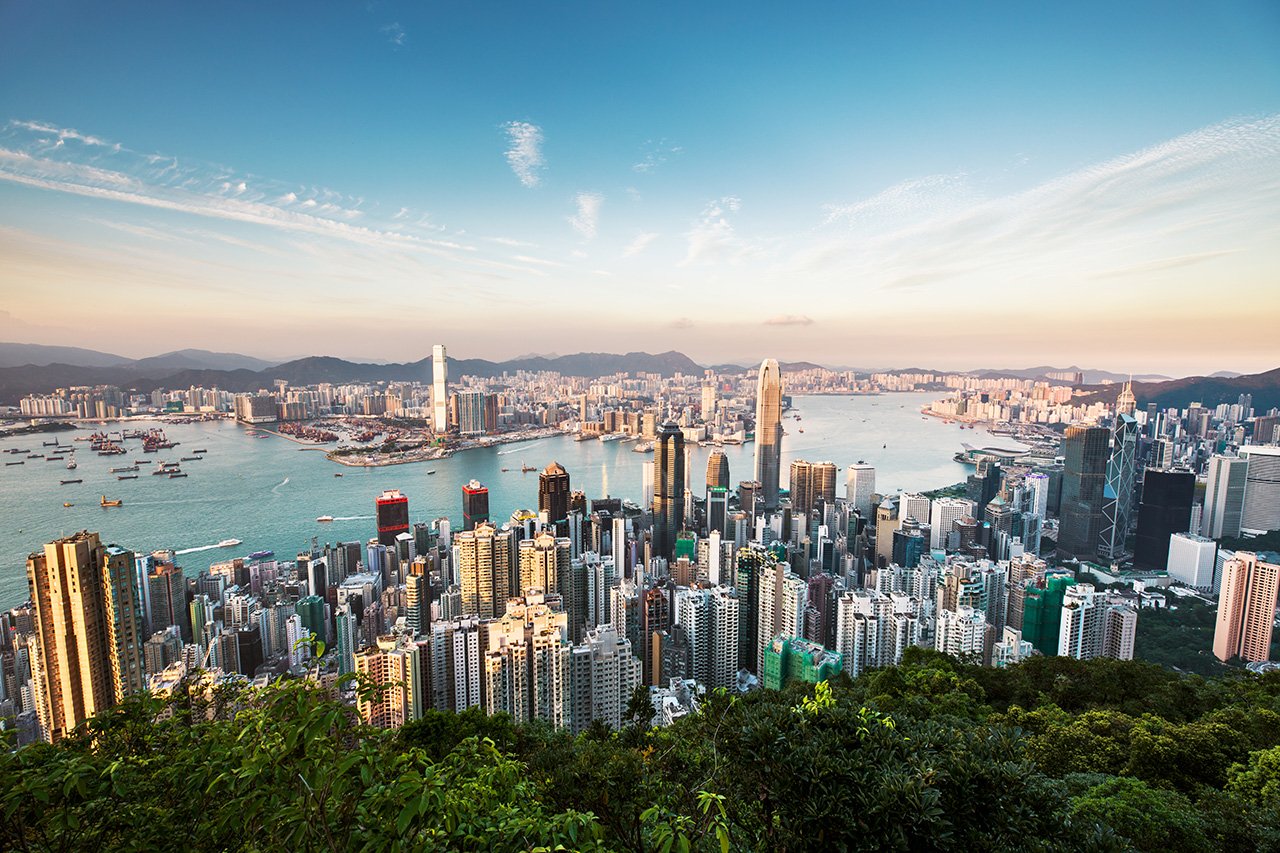 Victoria harbour of Hong Kong at sunset