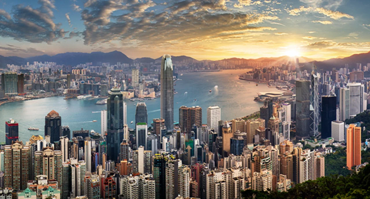 Hong Kong skyline at dramatic sunrise, Victoria harbour