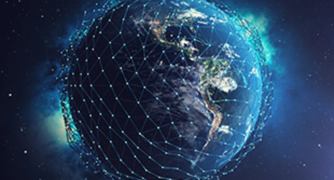 A globe with an overlay of linked digital nodes
