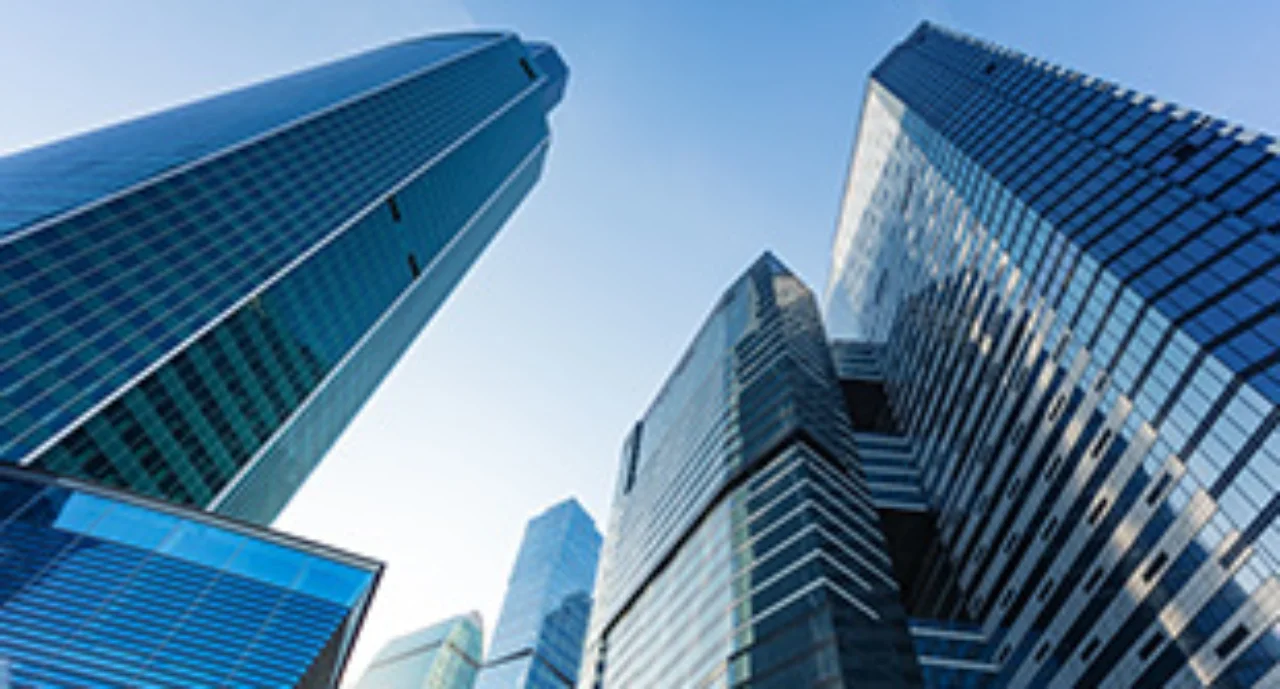 Financial district under a clear blue sky