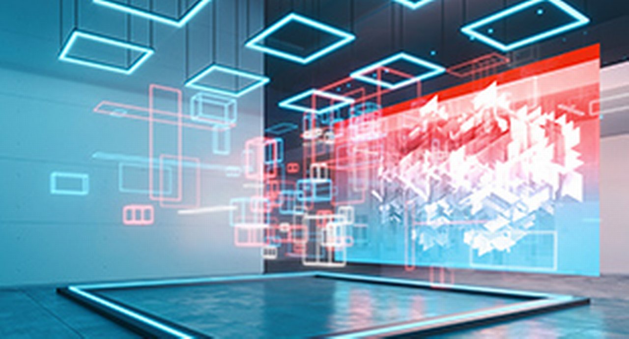 Art gallery illuminated by blue lights exhibiting a large display showing a digital geometric image and an installation made of bright floating blocks illuminating the space with neon colored lights.
