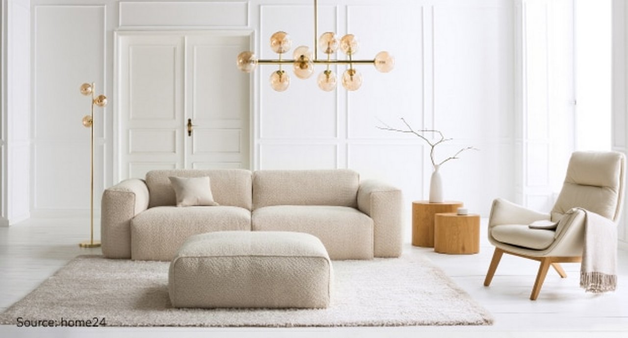 Livingroom setting with couch and chair from home24
