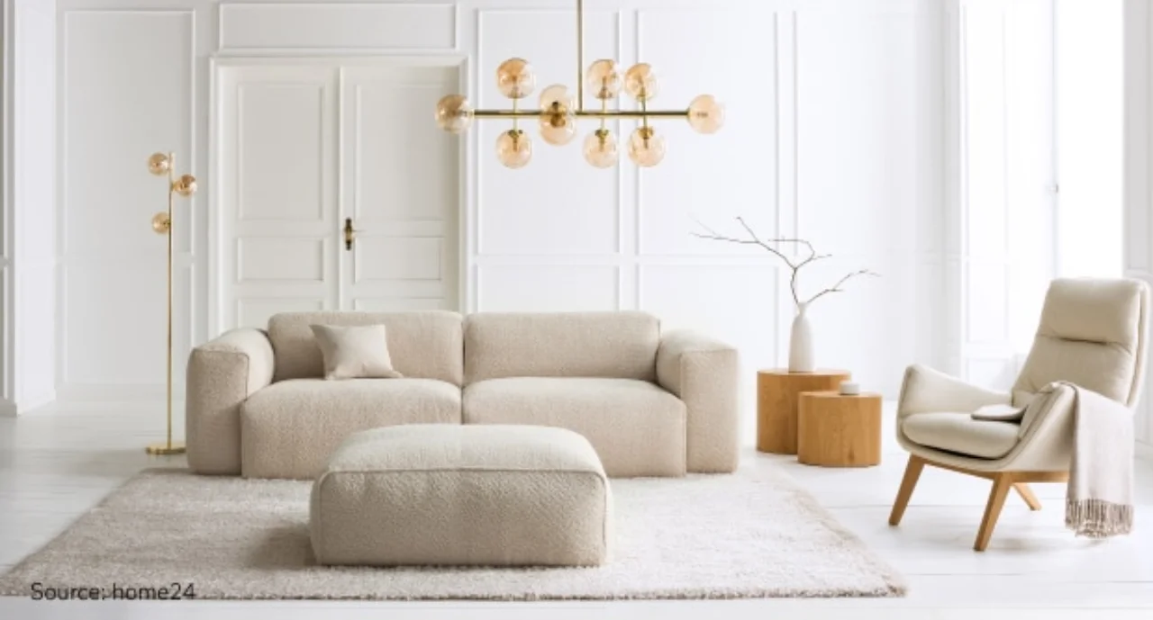 Livingroom setting with couch and chair from home24