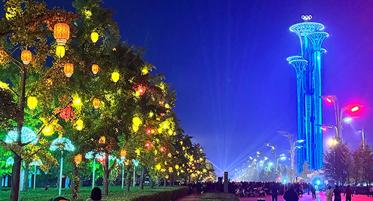 Illuminated trees and buildings