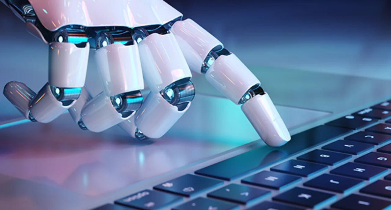 Robot hand pressing a keyboard on a laptop 3D rendering