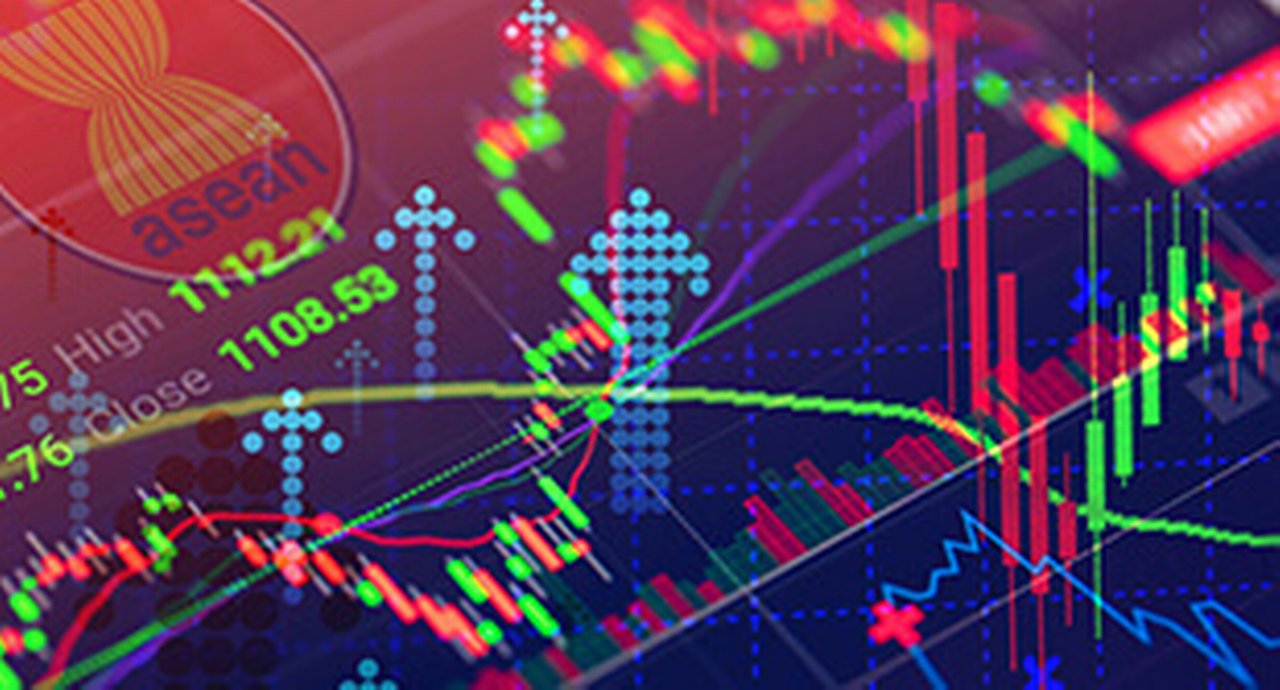 Digital stock market graphic with curves and arrows also depicting the ASEAN logo